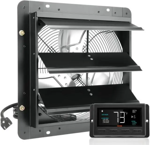 Main image of VEVOR Shutter Exhaust Fan, 14'' with Temperature Humidity Controller, EC-motor, 1513 CFM, 10-Speed Adjustable Wall Mount Attic Fan, Ventilation and Cooling for Greenhouses, Garages, Sheds, ETL Listed