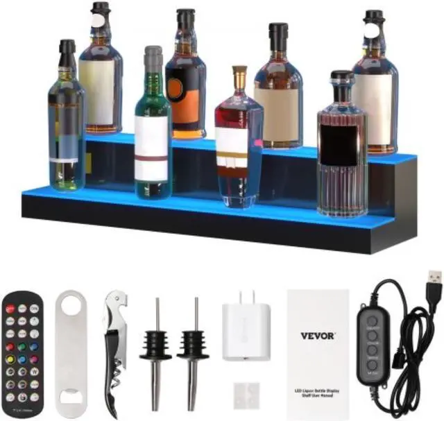Main image of VEVOR LED Lighted Liquor Bottle Display, 2 Tiers 30 Inches, Illuminated Home Bar Shelf with RF Remote & App Control 7 Static Colors 1-4 H Timing, Acrylic Drinks Lighting Shelf for Holding 16 Bottles