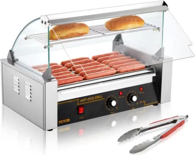 Main image of VEVOR Hot Dog Roller 7 Rollers 18 Hot Dogs Capacity 1050W Stainless Sausage Grill Cooker Machine with Dual Temp Control Glass Hood Acrylic Cover Bun Warmer Shelf Removable Oil Drip Tray, ETL Certified