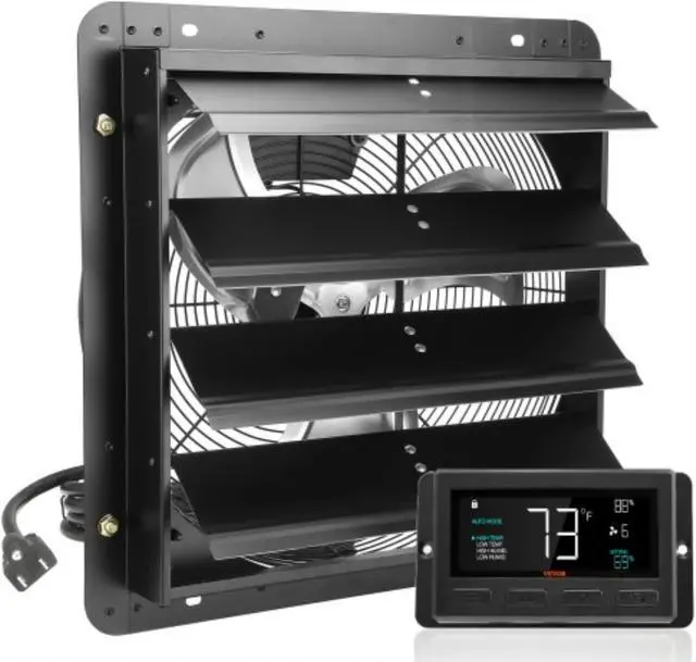 Main image of VEVOR Shutter Exhaust Fan, 16'' with Temperature Humidity Controller, EC-motor, 2650 CFM, 10-Speed Adjustable Wall Mount Attic Fan, Ventilation and Cooling for Greenhouses, Garages, Sheds, ETL Listed