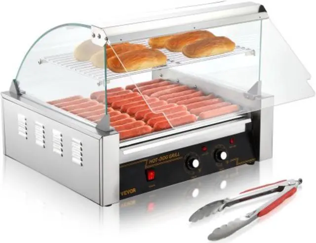 Main image of VEVOR Hot Dog Roller, 11 Rollers 30 Hot Dogs Capacity, 1650W Stainless Sausage Grill Cooker Machine with Dual Temp Control Glass Hood Acrylic Cover Bun Warmer Shelf Removable Drip Tray, ETL Certified