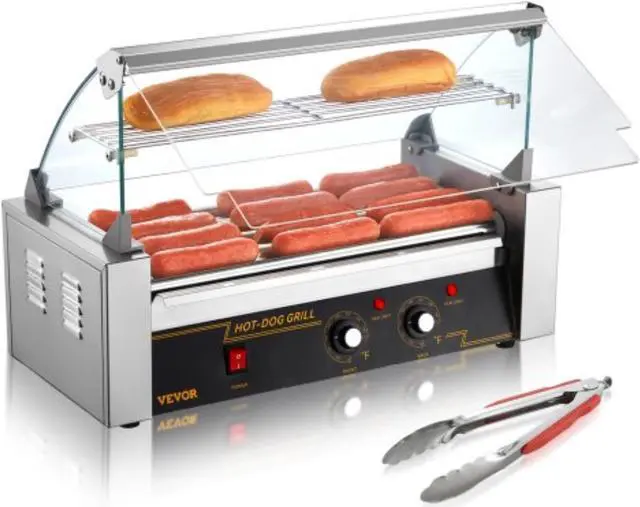 Main image of VEVOR Hot Dog Roller 5 Rollers 12 Hot Dogs Capacity, 750W Stainless Sausage Grill Cooker Machine with Dual Temp Control Glass Hood Acrylic Cover Bun Warmer Shelf Removable Oil Drip Tray ETL Certified
