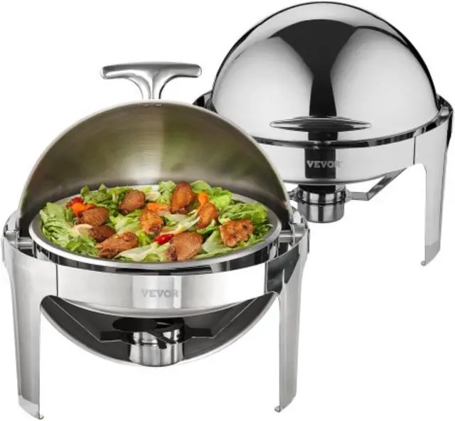 Main image of VEVOR Roll Top Chafing Dish Buffet Set, 6 Qt 2 Pack, Stainless Steel Chafer with 2 Full Size Pans, Round Catering Warmer Server with Lid Water Pan Stand Fuel Holder, for at Least 5 People Each