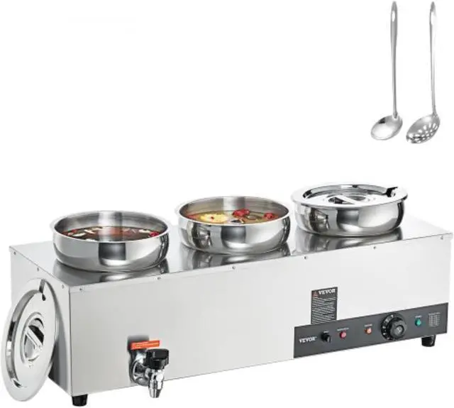 Main image of VEVOR Electric Soup Warmer, Three 7.4QT Stainless Steel Round Pot 86~185F Adjustable Temp, 1200W Commercial Bain Marie with Anti-dry Burn and Reset Button, Soup Station for Restaurant, Buffet, Silver