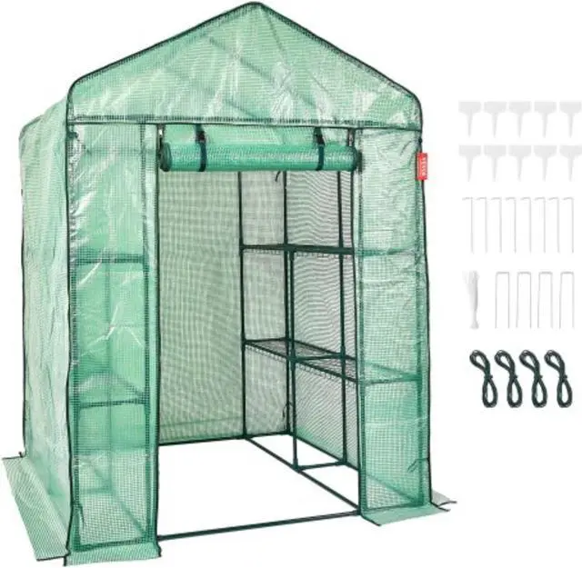 Main image of VEVOR Walk-in Green House, 4.6 x 4.6 x 6.6 ft  Greenhouse with Shelves, High Strength PE Cover with Doors & Windows and Steel Frame, Set Up in Minutes, Suitable for Planting and Storage