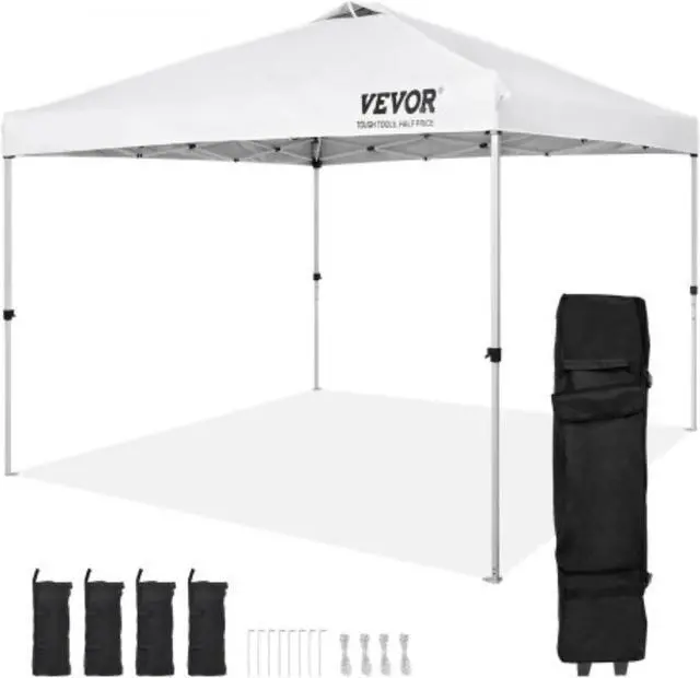 Main image of VEVOR Pop Up Canopy Tent, 10 x 10 ft, 250 D PU Silver Coated Tarp, with Portable Roller Bag and 4 Sandbags, Waterproof and Sun Shelter Gazebo for Outdoor Party, Camping, Commercial Events, White