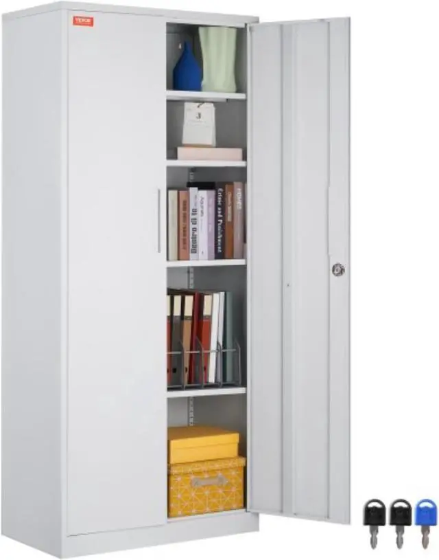 Main image of VEVOR Metal Storage Cabinet with 2 Magnetic Doors and 4 Adjustable Shelves, 200 lbs Capacity per Shelf, Locking Steel Storage Cabinet, 71'' Metal Cabinet with 3 Keys, for Office, Garage, Home, White