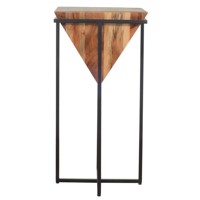 Alt view image 4 of 4 - 30 Inch Pyramid Shape Wooden Side Table With Cross Metal Base, Brown and Black