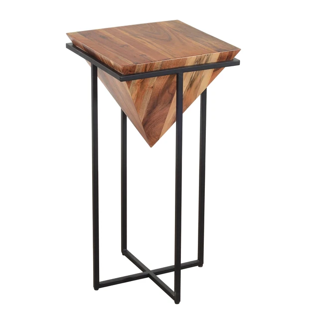 Alt view image 2 of 4 - 30 Inch Pyramid Shape Wooden Side Table With Cross Metal Base, Brown and Black