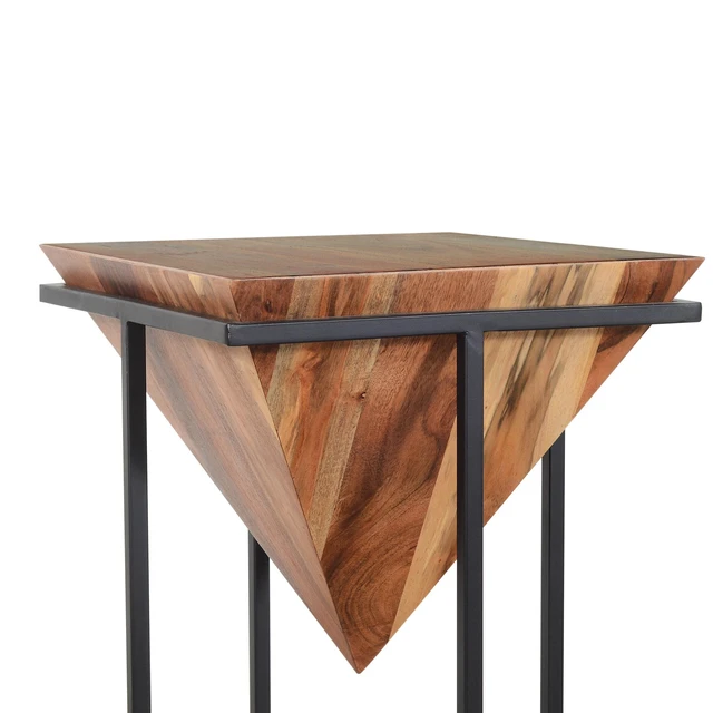Alt view image 3 of 4 - 30 Inch Pyramid Shape Wooden Side Table With Cross Metal Base, Brown and Black