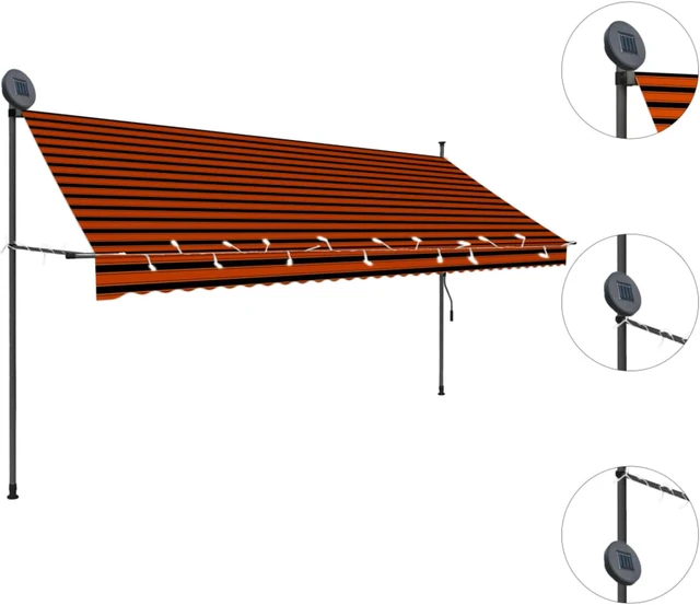 Alt view image 3 of 16 - vidaXL Manual Retractable Awning with LED 137.8" Orange and Brown