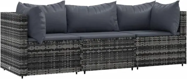 Alt view image 2 of 10 - vidaXL 3 Piece Patio Lounge Set with Cushions Gray Poly Rattan