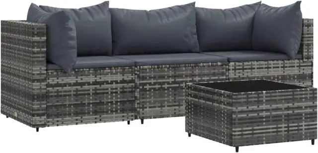 Alt view image 2 of 10 - vidaXL 4 Piece Patio Lounge Set with Cushions Gray Poly Rattan
