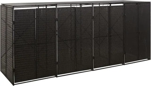 Main image of vidaXL Quadruple Wheelie Bin Shed Black 107.9"x31.5"x46.1" Poly Rattan