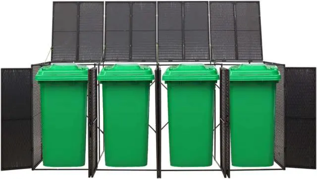 Alt view image 2 of 10 - vidaXL Quadruple Wheelie Bin Shed Black 107.9"x31.5"x46.1" Poly Rattan