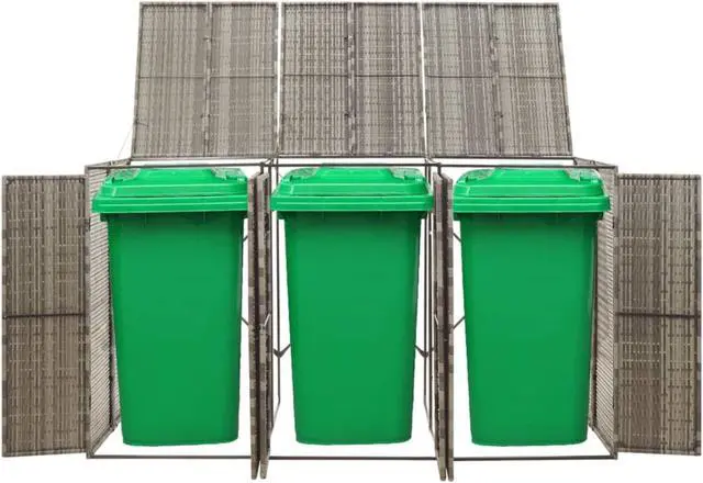 Alt view image 2 of 4 - vidaXL Triple Wheelie Bin Shed Gray 81.5"x31.5"x46.1" Poly Rattan
