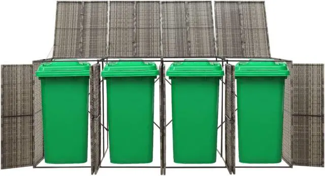 Alt view image 2 of 10 - vidaXL Quadruple Wheelie Bin Shed Gray 107.9"x31.5"x46.1" Poly Rattan