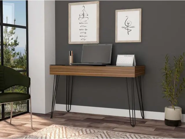 Alt view image 7 of 7 - FM FURNITURE Kyoto 120 Desk, For An Office Or Home Office, Abstract Steel Legs, 1  Drawer, Mahonany Finish, Pore Texture, Particle Board, Easy To Assamble.