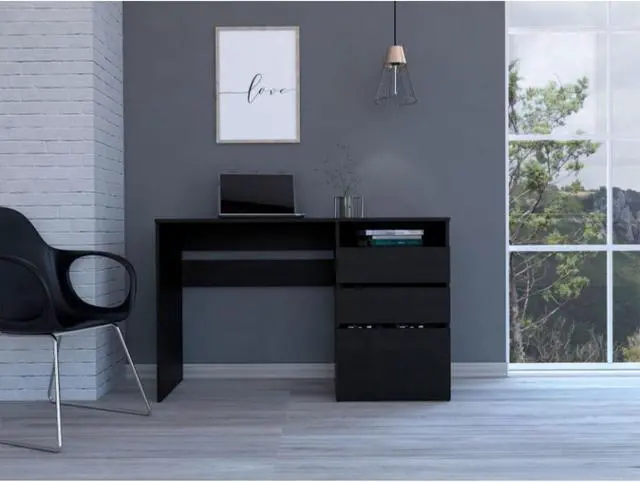Alt view image 6 of 6 - FM FURNITURE Louisiana Computer Desk,  For An Office Or Home Office, With 3 Drawers, And 1 Shelf, Black Wengue Finish, Particle Board, Wood Texture, Easy To Assamble.