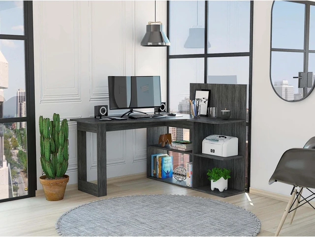 Alt view image 7 of 7 - FM FURNITURE Fresno Computer Desk, For An Office Or Home Office, With 4 Shelfs, And Dual Table Top, Gray Oak Finish, Particle Board, Wood texture, Easy To Assamble.