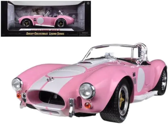 Main image of 1965 Shelby Cobra 427 S/C Pink with White Stripes with Printed Carroll Shelby Signature's on the Trunk 1/18 Diecast Model Car by Shelby Collectibles