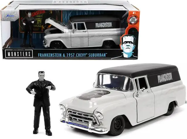 Alt view image 2 of 7 - 1957 Chevrolet Suburban Gray and Black with Graphics and Frankenstein Diecast Figurine "Universal Monsters" "Hollywood Rides" Series 1/24 Diecast Model Car by Jada