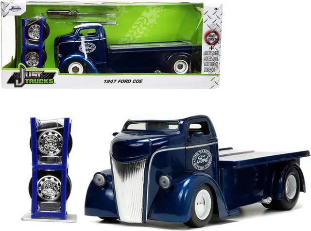 Alt view image 2 of 8 - 1947 Ford COE Flatbed Truck Dark Blue Metallic with White Top "The Famous Motor Cars" with Extra Wheels "Just Trucks" Series 1/24 Diecast Model by Jada