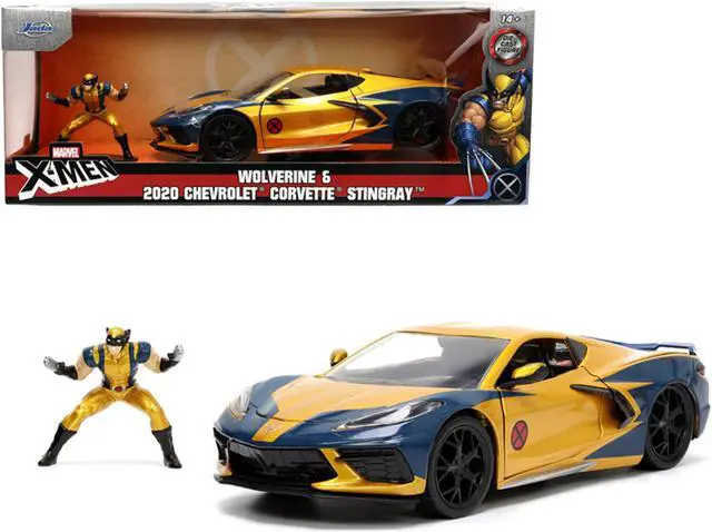 Alt view image 2 of 8 - 2020 Chevrolet Corvette C8 Stingray Gold Metallic and Dark Blue and Wolverine Diecast Figurine "X-Men" "Marvel" Series "Hollywood Rides" 1/24 Diecast Model Car by Jada