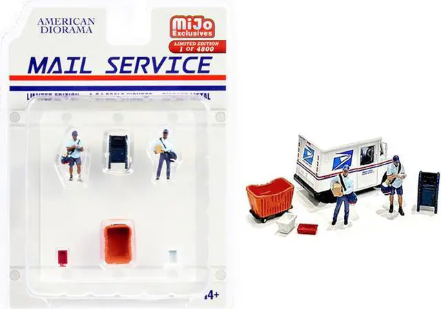 Alt view image 2 of 6 - "Mail Service" 6 piece Diecast Set (2 Male Mail Carrier Figurines and 4 Accessories) Limited Edition to 4800 pieces Worldwide for 1/64 Scale Models by American Diorama