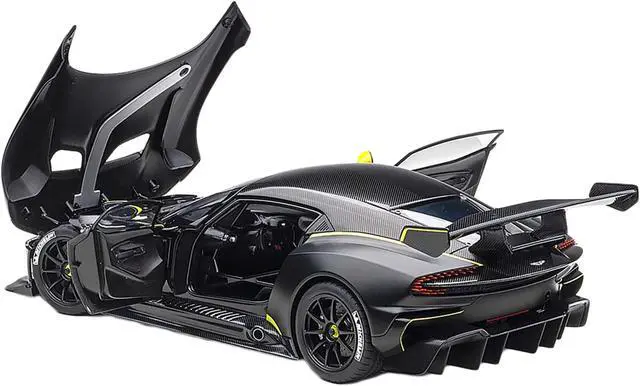 Alt view image 3 of 8 - Aston Martin Vulcan Matt Black with Lime Green Stripes 1/18 Model Car by Autoart