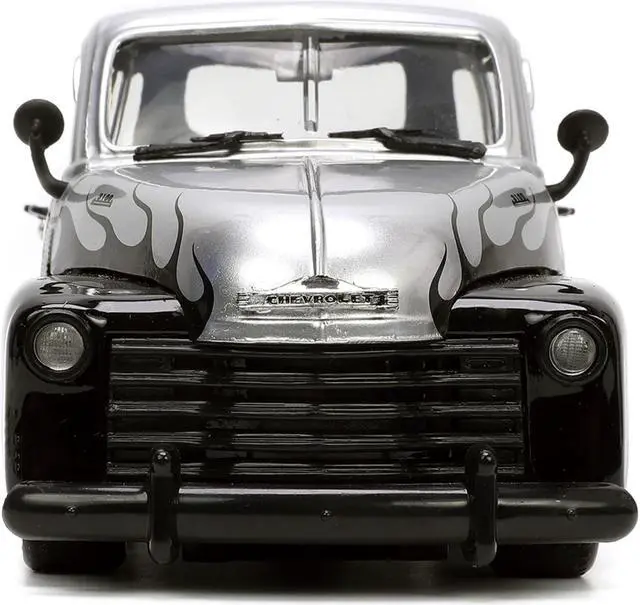 Alt view image 5 of 12 - 1953 Chevrolet 3100 Pickup Truck Silver Metallic with Black Flames with Extra Wheels "Just Trucks" Series 1/24 Diecast Model Car by Jada