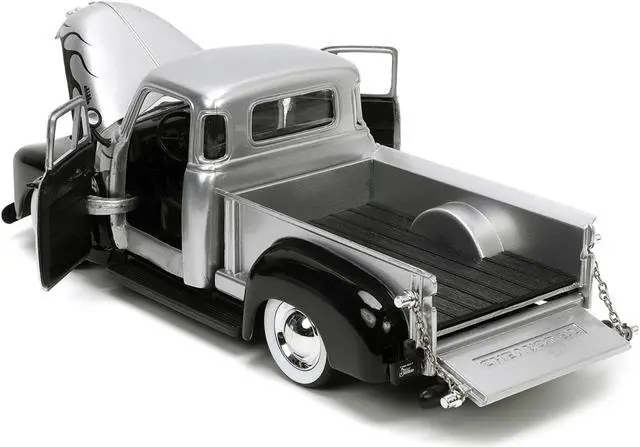 Alt view image 4 of 12 - 1953 Chevrolet 3100 Pickup Truck Silver Metallic with Black Flames with Extra Wheels "Just Trucks" Series 1/24 Diecast Model Car by Jada