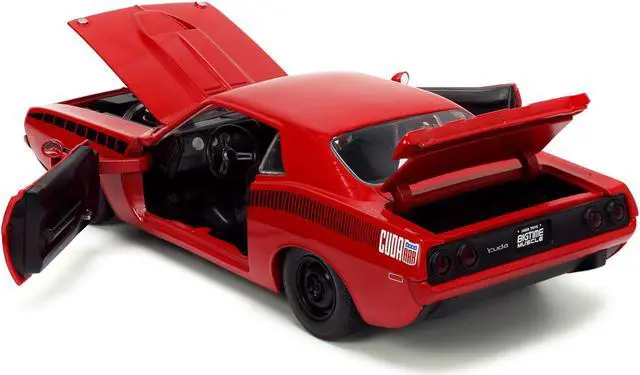Alt view image 3 of 16 - 1973 Plymouth Barracuda Red with Black Stripes "Bigtime Muscle" Series 1/24 Diecast Model Car by Jada