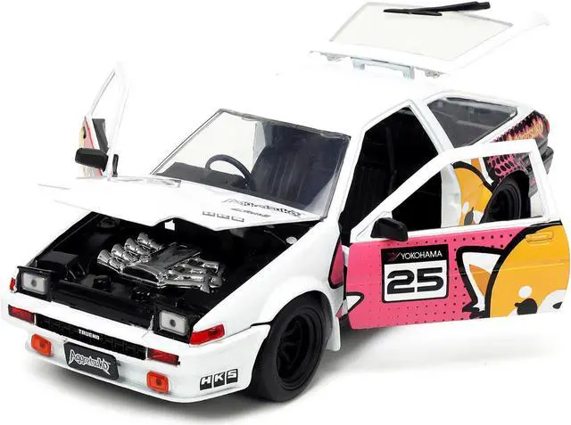 Alt view image 3 of 15 - 1986 Toyota Trueno (AE86) RHD (Right Hand Drive) #25 White with Graphics and Aggretsuko Diecast Figure "Aggretsuko" "Anime Hollywood Rides" Series 1/24 Diecast Model Car by Jada