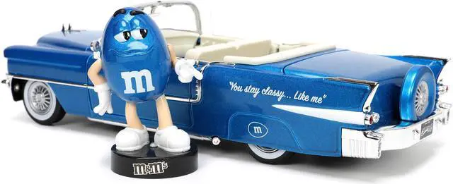 Alt view image 5 of 16 - 1956 Cadillac Eldorado Convertible Blue Metallic with Cream Interior "Stay Classy" and Blue M&M Diecast Figure "M&M's" "Hollywood Rides" Series 1/24 Diecast Model Car by Jada