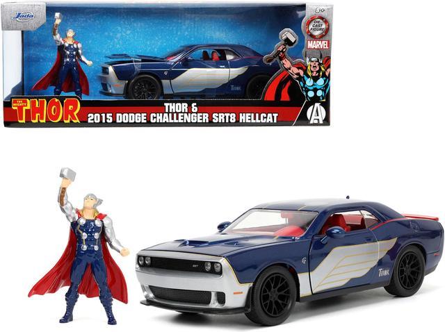 Alt view image 4 of 15 - 2015 Dodge Challenger SRT Hellcat Dark Blue with Graphics and Red Interior and Thor Diecast Figure "The Mighty Thor" "Marvel" Series 1/24 Diecast Model Car by Jada