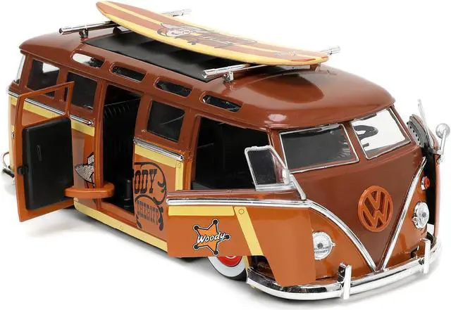 Alt view image 3 of 16 - Volkswagen T1 Bus Brown with Graphics "Sheriff Woody" and Woody Diecast Figure and Surfboard "Toy Story" (1995) Movie "Hollywood Rides" Series 1/24 Diecast Model Car by Jada
