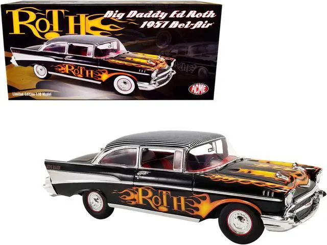 Alt view image 4 of 4 - 1957 Chevrolet Bel Air Black with Flames and Pinstripe Top "Big Daddy Ed Roth" Limited Edition to 966 pieces Worldwide 1/18 Diecast Model Car by ACME