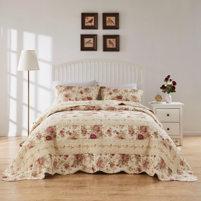 Alt view image 4 of 4 - Antique Rose Bedspread Set 3-Piece King/Cal King