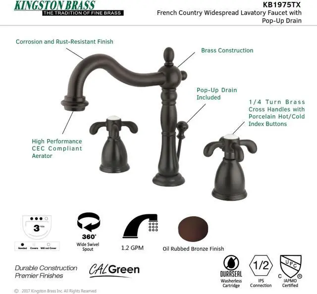 Alt view image 5 of 6 - Kingston Brass KB1975TX Two Handle 8" to 16" Widespread Lavatory Faucet with Ret