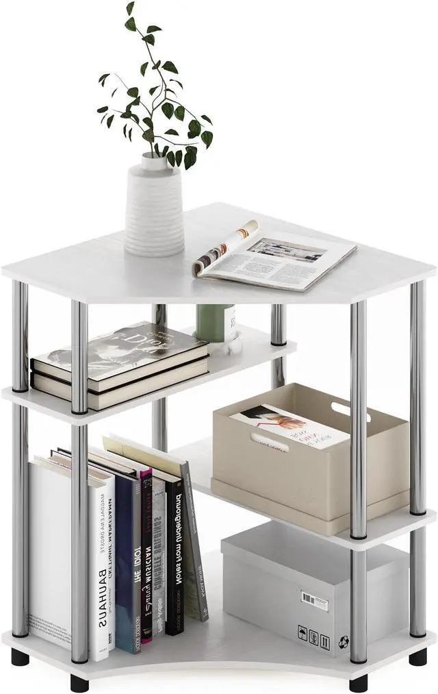 Alt view image 4 of 5 - Furinno Turn-N-Tube Space Saving Corner Desk with Shelves, White Oak, Stainless Steel Tubes