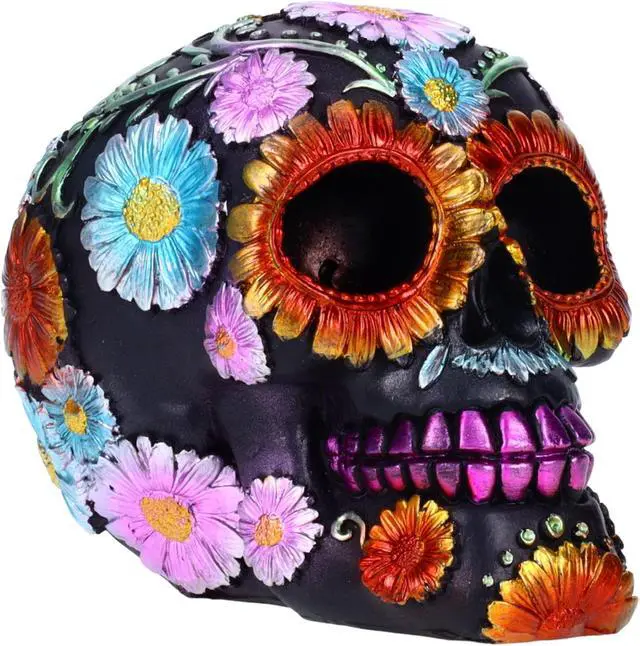 Alt view image 6 of 8 - Resin Sugar Skull Black Day of the Dead Skull 1 P754754D - Flower Halloween Decoration Gothic DOD Skeleton Head Dia de los Muertos - Floral Black