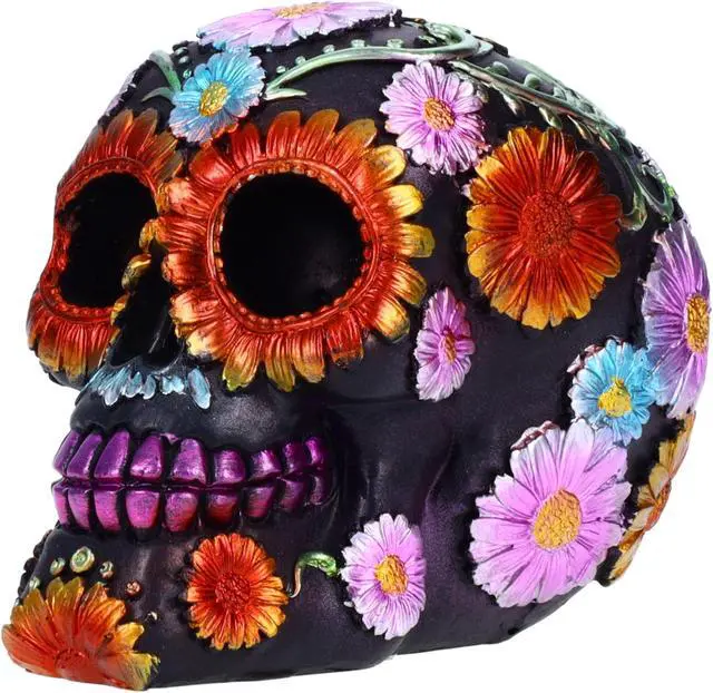 Alt view image 7 of 8 - Resin Sugar Skull Black Day of the Dead Skull 1 P754754D - Flower Halloween Decoration Gothic DOD Skeleton Head Dia de los Muertos - Floral Black