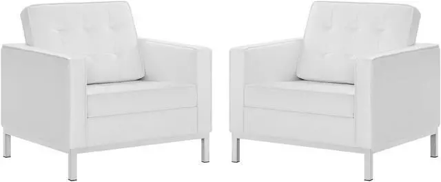 Main image of Loft Tufted Upholstered Faux Leather Armchair Set of 2 Silver White