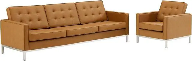 Main image of Loft Tufted Upholstered Faux Leather Sofa and Armchair Set Silver Tan
