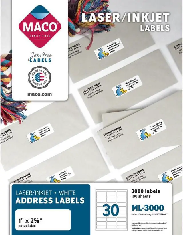 Alt view image 3 of 4 - Maco MML-3000 1" x 2 5/8" White Label 30 Labels - 100 Sheets