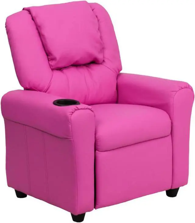Alt view image 16 of 17 - Contemporary Hot Pink Vinyl Kids Recliner with Cup Holder and Headrest