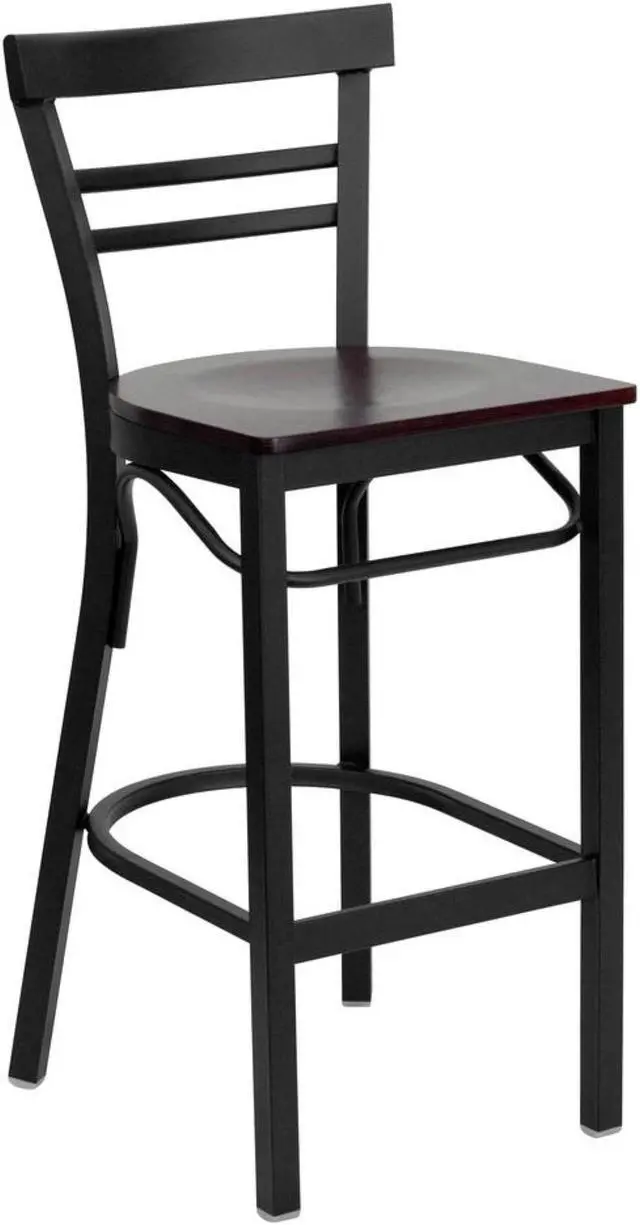 Main image of Flash Furniture XU-DG6R9BLAD-BAR-MAHW-GG Hercules Series Black Ladder Back Metal Restaurant Bar Stool with Mahogany Wood Seat