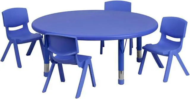 Alt view image 6 of 9 - 45'' Round Blue Plastic Height Adjustable Activity Table Set with 4 Chairs