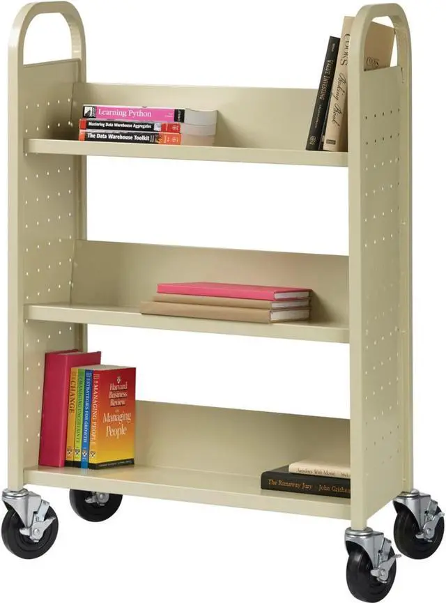 Alt view image 7 of 8 - Lorell Single-Sided Book Cart Slanted 3-shelf 32"x14"x46" Putty 49204